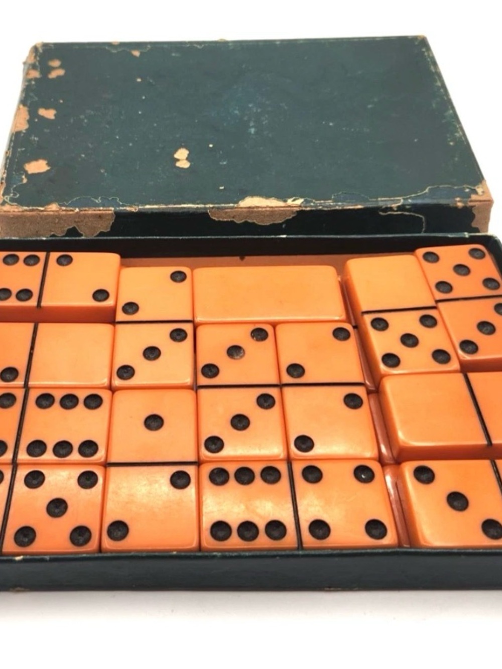Vintage Set of Thick Butterscotch Bakelite Catalin Double Six Dominoes in box